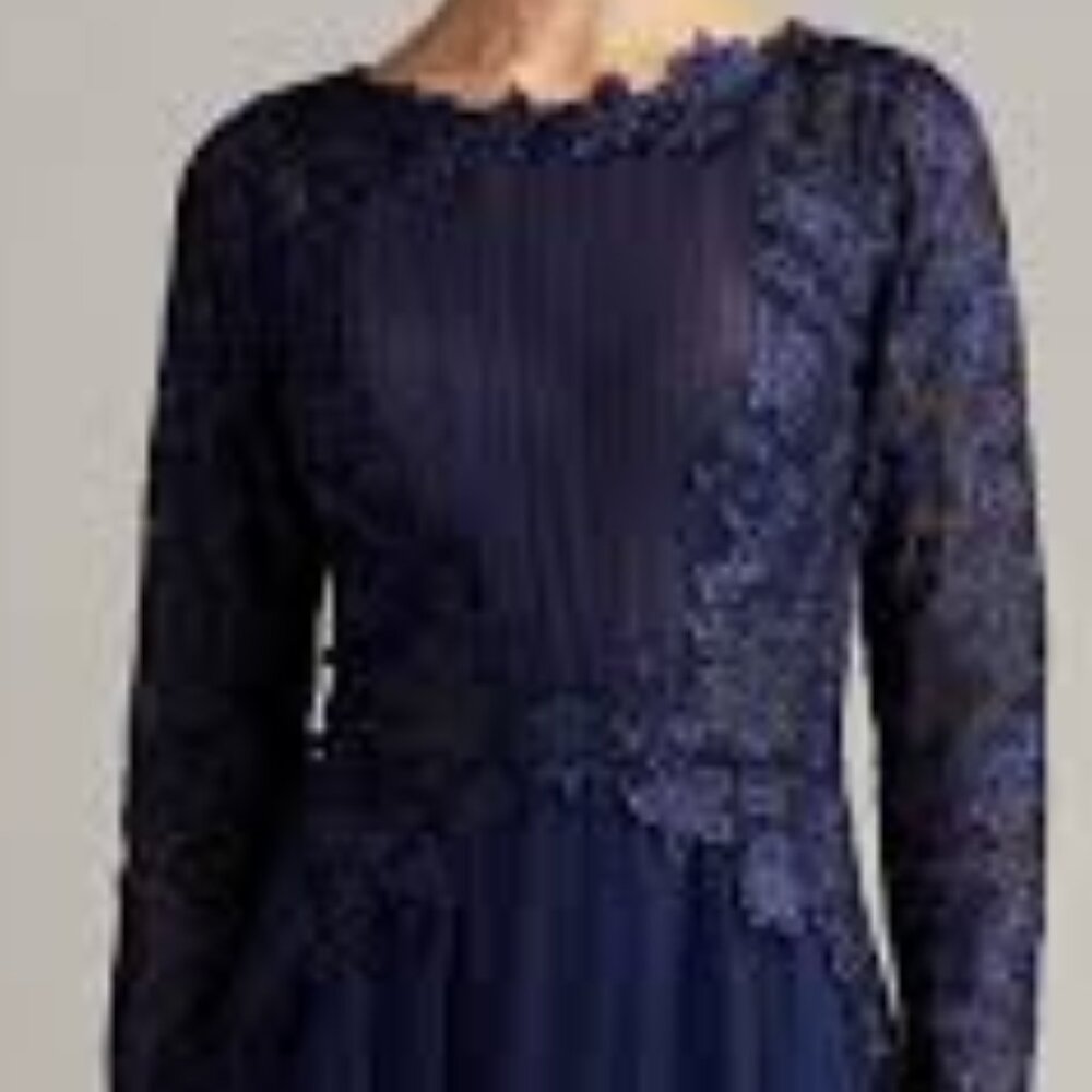 Tadashi Shoji Saitta midnight blue lace embroidered tulle midi cocktail dress 2 - Picture 4 of 6